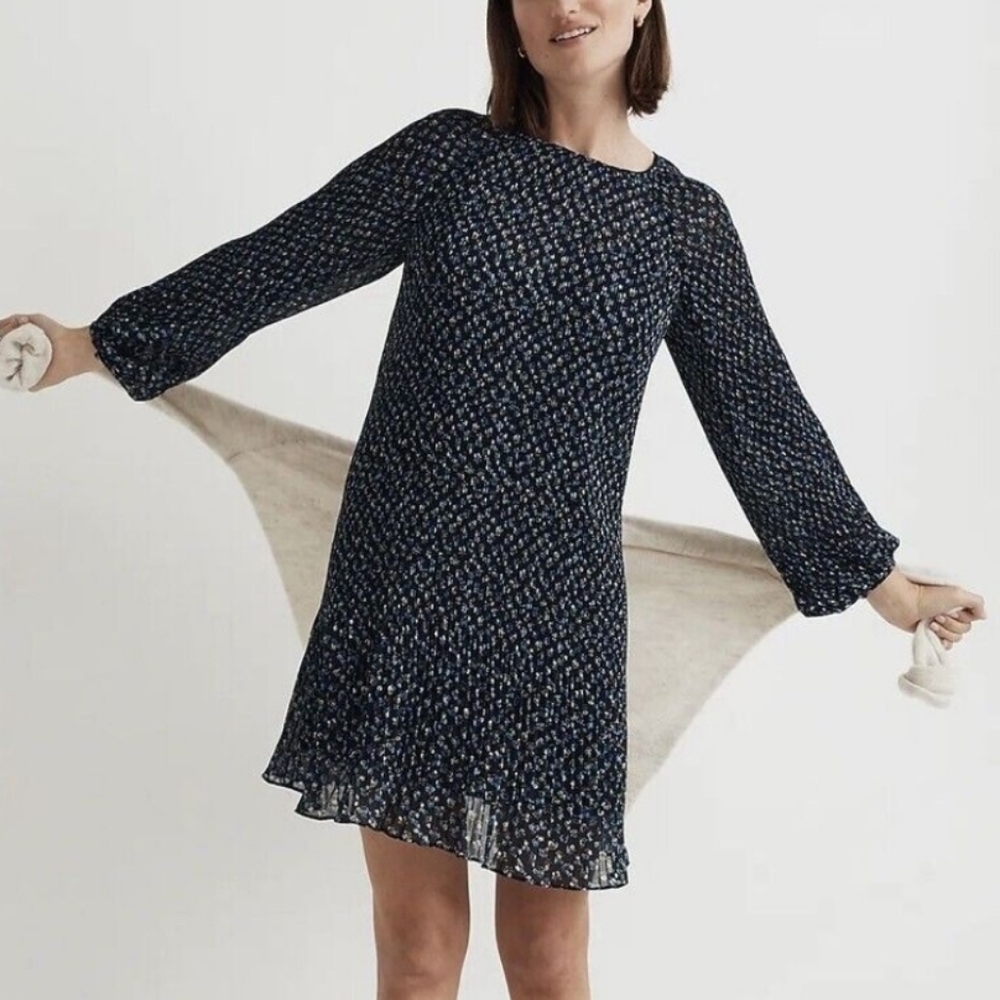 Madewell Georgette Blue Floral Accordian Pleat Long Sleeve Mini Dress, Size Xl